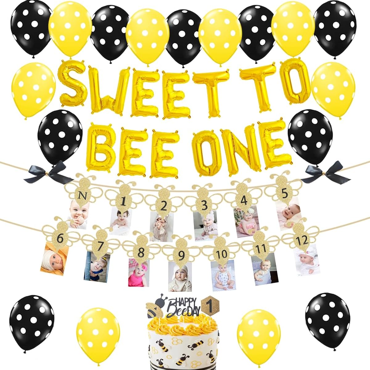 Bee 1st Birthday Party Decorations - Sweet To Bee One Balloons, Monthly Photo Banner, Bumblebee Theme Birthday Party Supplies, First Bee Day Decor