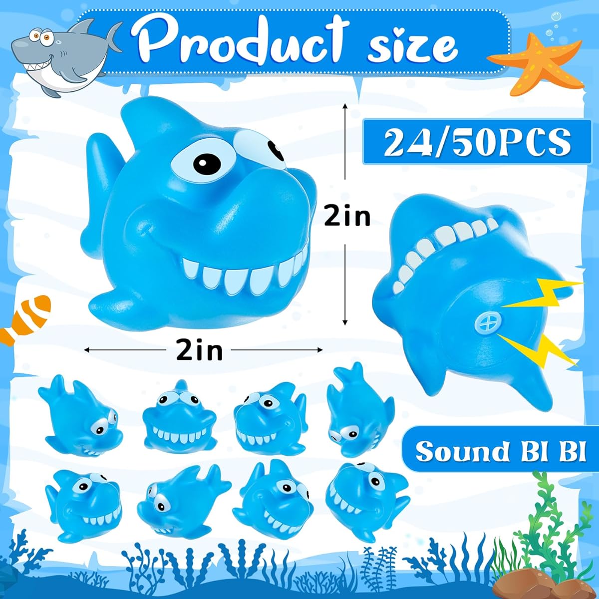 Motionchic Bulk Rubber Sharks 50pcs 2" Rubber Squirting Sharks Cute Shark Party Favors for Kids Summer Bathtub Toys Squeezable Squeaky Shark Bath Toys Swimming Pool Party Favor Bag Fillers