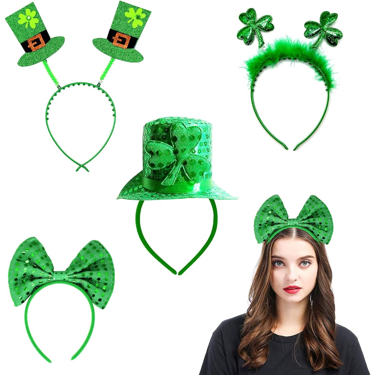 Hidreas St. Patrick Headbands Green Shamrock Headband Bopper 4pcs St. Patrick's Day Headband Holiday Costume Accessories