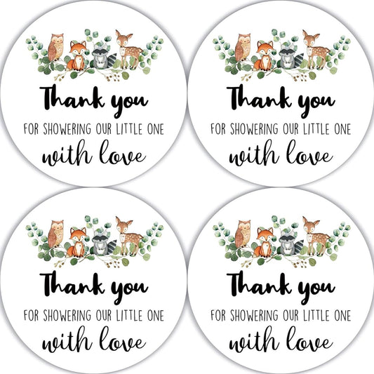 80 Sheets Thank You for Showering Our Little One with Love Forest Creature Thank You Stickers, Baby Shower Birthday Party Decoration Watercolor Forest Animal Theme Label Decoration