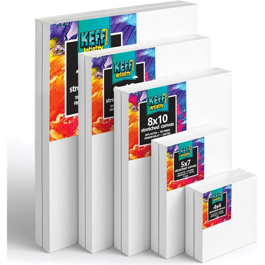 KEFF Stretched Canvas for Painting - 10 Pack Blank Art Paint Canvas Set - 4x4 5x7 8x10 9x12 11x14 Inch for Acrylic/Oil and More - 100% Cotton Primed