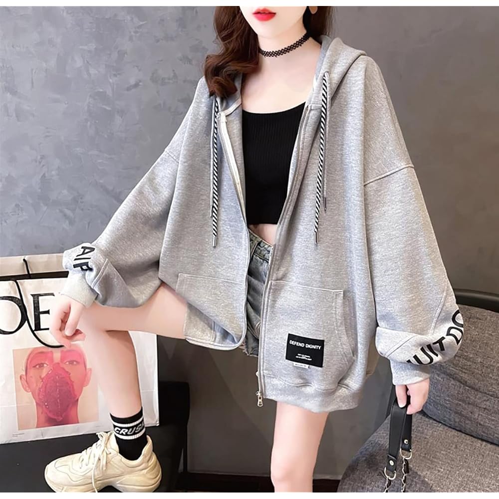 [MMTYRM] Zip Up Women's Sweatshirt Hoodie Loose Hooded Outerwear Sweatshirt Casual Zip Up Hoodie Women's Fashion Autumn Outerwear Korean Style Harajuku Style
