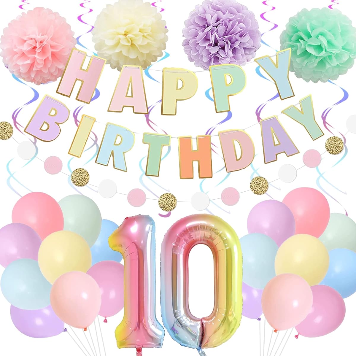 BRT Bearingshui 10th Birthday Decorations for Girls Boys 40 Inch Rainbow Gradient Number 10 Balloons 10th Birthday Balloons Happy Birthday Banner for Kids 10th Birthday Party Supplies