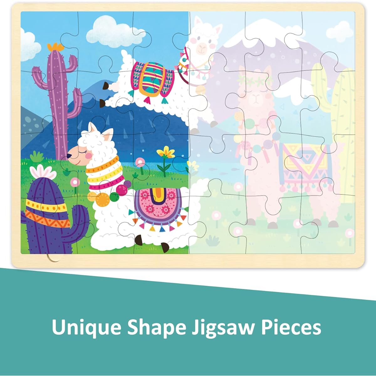 MoinKidz 24 Piece Puzzle for Ages 3, Llama Cactus Wooden Jigsaw Puzzle for Kids Ages 2-4 with Puzzle Tray, Preschool Puzzle for Ages 3-5 with Unique Puzzle Pieces
