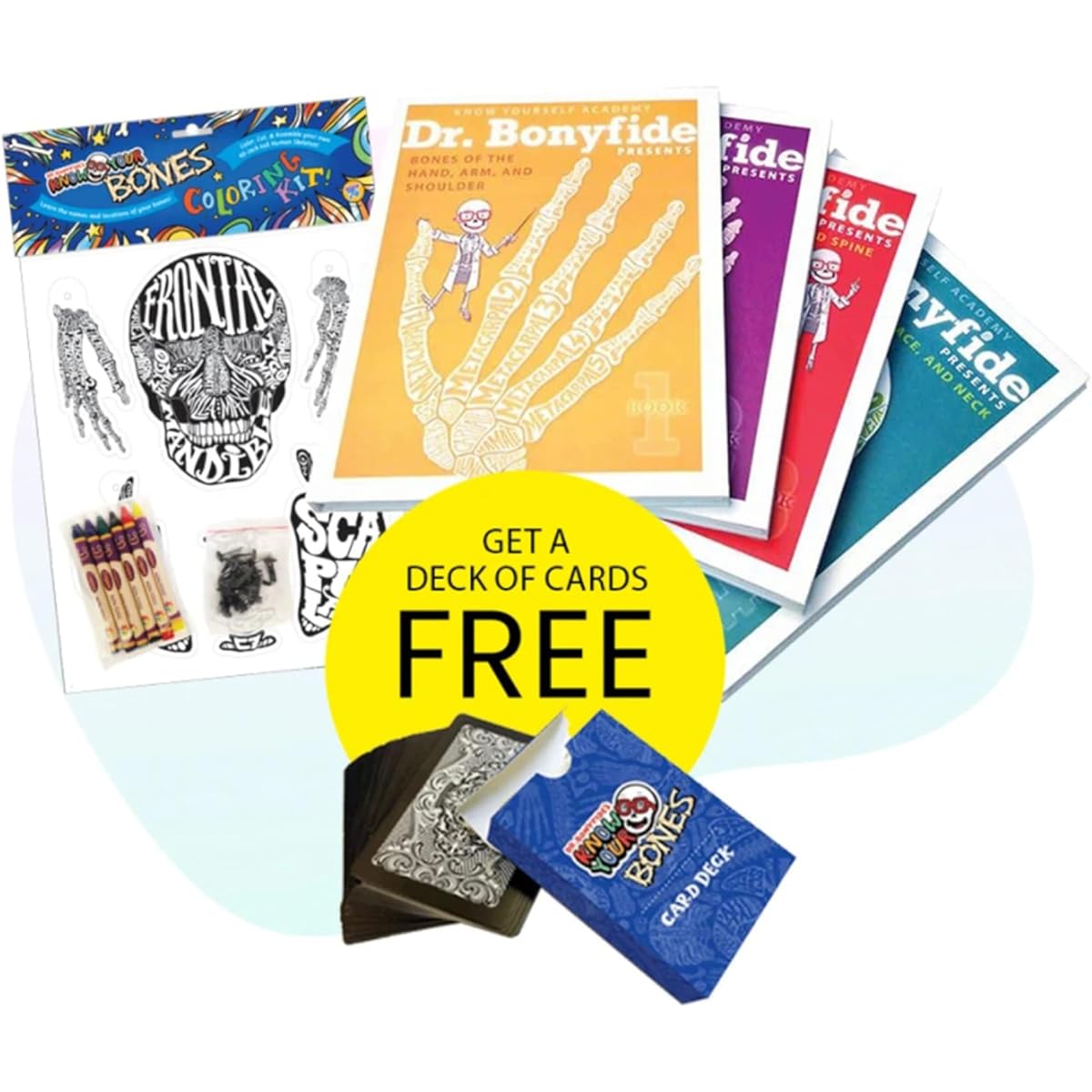 Know Yourself - 206 Bones of The Human Body Bonus Bundle, Interactive Activity Workbook, Learn About the Human Body, Skeleton Coloring Kit, Crayons, Educational Playing Cards, Ages 8-12