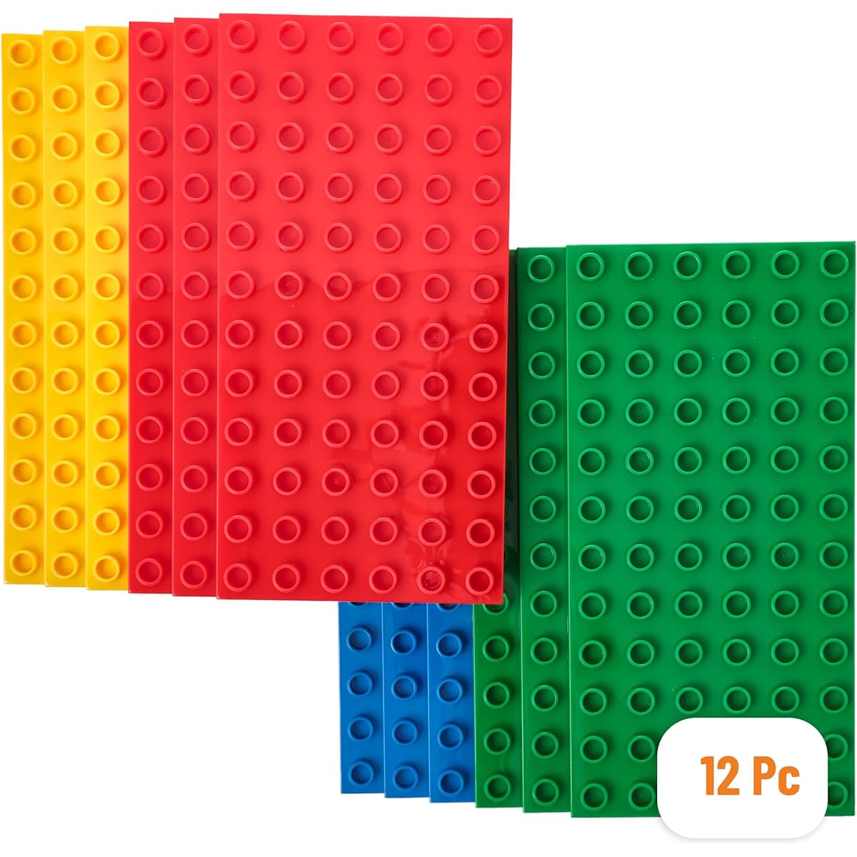 Strictly Briks Classic Large Brick Baseplate Premium 19.05x9.52cm, 12x6 Peg Baseplate, Large Brick Building with Large Bricks and 12 Stackable Baseplates - Set of 12 - Blue, Green, Red, Yellow