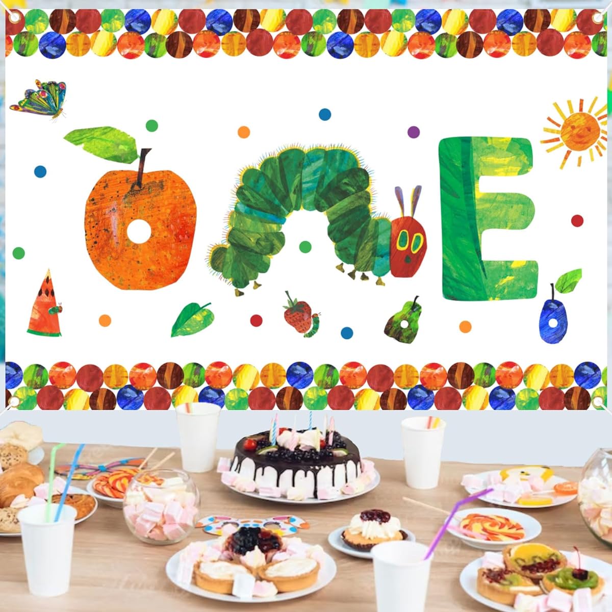 Happy 1st Birthday Banner Backdrop for Caterpillar 1 Year Old Cartoon Hungry Caterpillar Birthday Party Sign Supplies Birthday Photo Backdrop Birthday Party Decoration Supplies