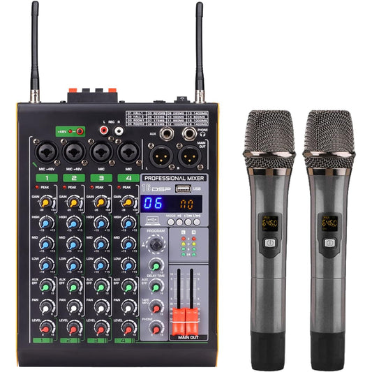 Audio Mixer, Yueou Professional 4 Channel BT Audio Mixer with 2 Microphones LED Digital Mixing Console Built-in Amplifier with USB Connection 3 Band EQ Reverb Adjustment Bar DSP Recording Function for Concert Outdoor Performance Wedding
