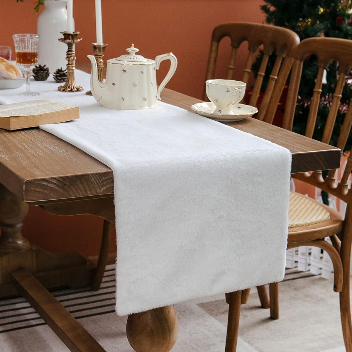 LIGICKY White Faux Fur Table Runner 15x72 Inch Luxury Series Fluffy Tablecloth Winter Snowy Christmas Holiday Table Decoration