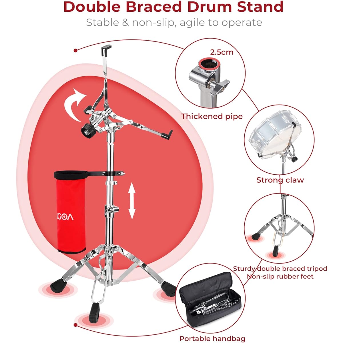 Vangoa Snare Drum Set Student Snare Drum Kit with Stand Drum Mute Pad 5A Drumsticks Drum Key Sticks 14" x 5.5" Red