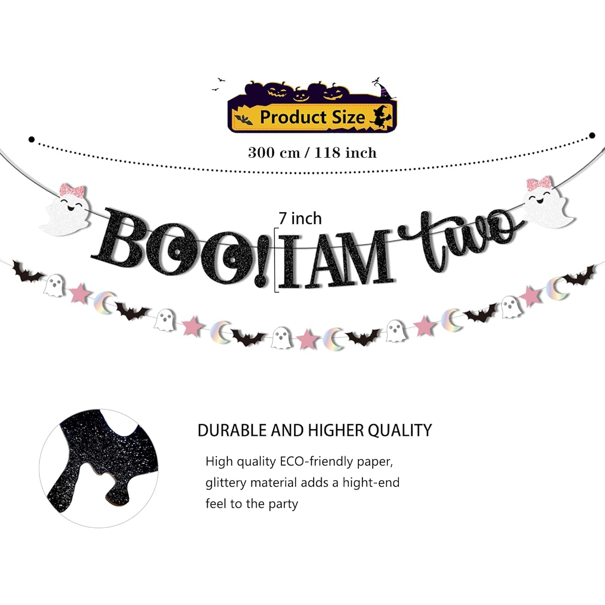 Gutted Boo I'm Two Halloween Banner Ghost Bat Moon Star Garland Pink Black Glitter - Halloween 2nd Birthday Party Supplies for Girls Here for the Boos Baby Shower Decorations
