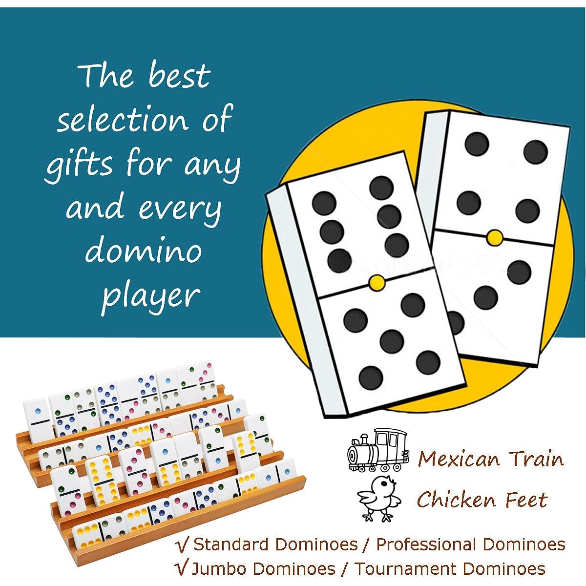 Exqline Wooden Domino Rack Tray Holder Organizer (Set of 4) - Premium Domino Tile Holder Rack for Mexican Train Domino Game - Dominos Not Included