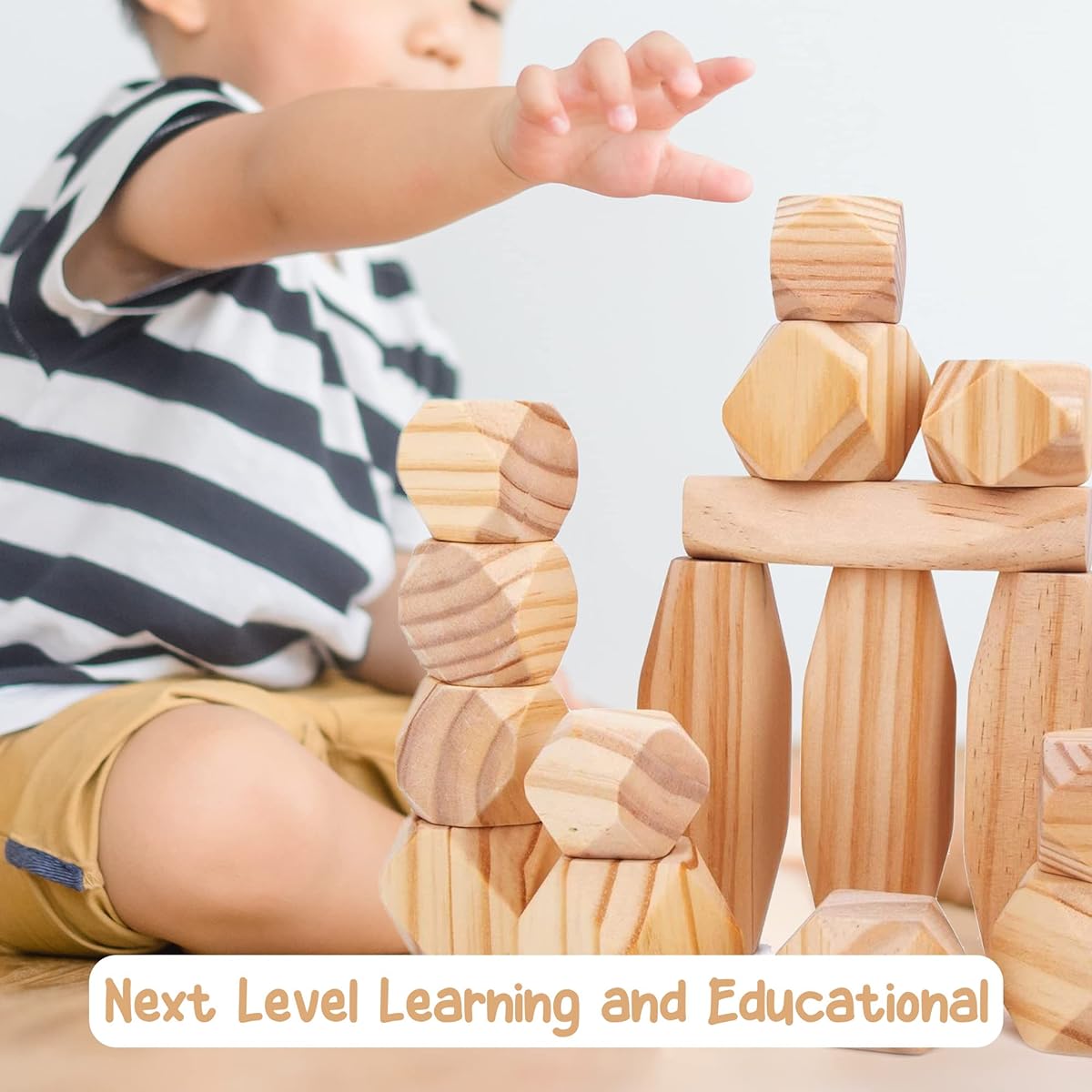 Pidoko Kids Jumbo 30 Wooden Blocks for Toddlers 1-3 Large - Natural Pine Wood Stacking Rocks - Stacking Balance Stones with Storage Container