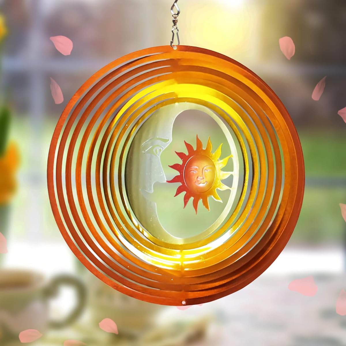 FONMY Wind Spinner 3D Stainless Steel Laser Cut Metal Art 12" Moon and Sun Hanging Wind Spinner, Kinetic Yard Art Decorations - Indoor/Outdoor Decor