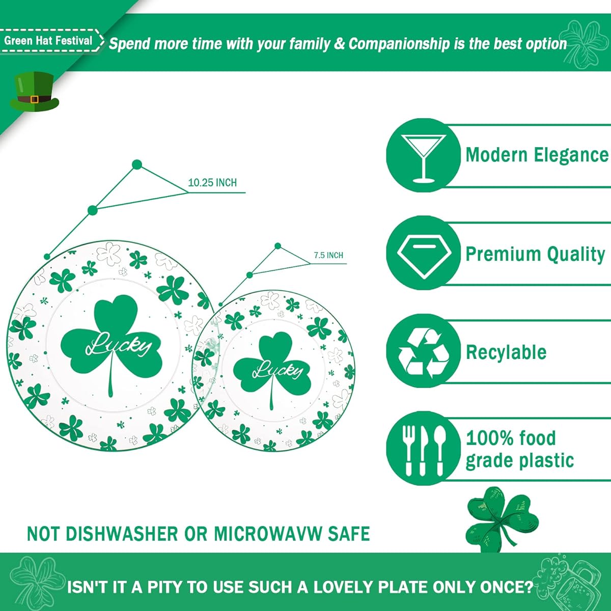 U-QE 60 Clear & Green Plastic Plates - Green Disposable Plates - Premium Hard Plastic Disposable Plates, 30 Dinner Plates 10.25" & 30 Dessert Plates 7.5", Perfect for St. Patrick's Day