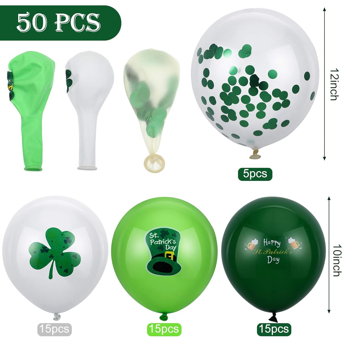 St. Patrick's Day Latex Balloons Green Confetti Balloon Set White Green Helium Party Balloons St. Patrick's Day Decorations Irish Party Supplies 50 Pieces