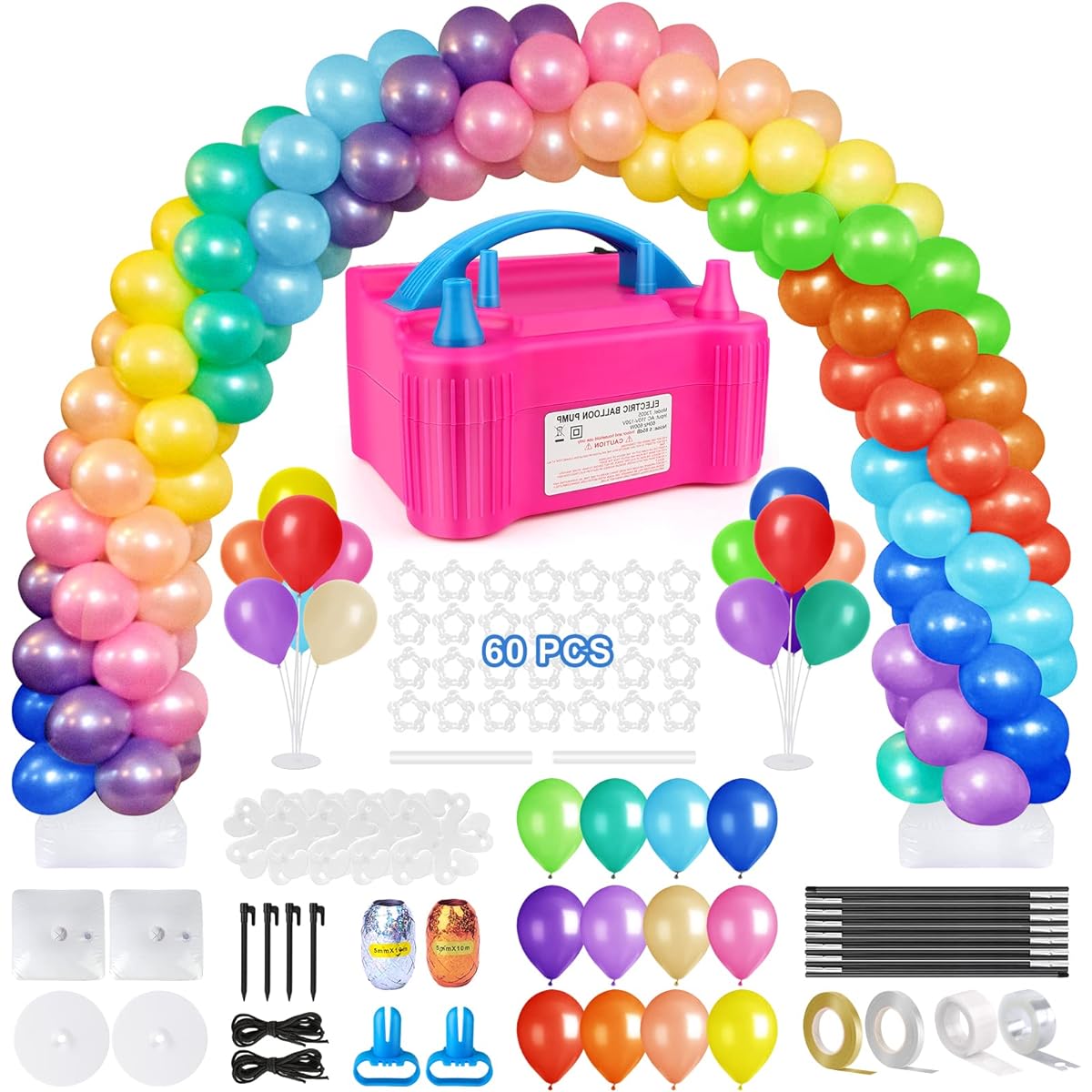 Balloon Arch Kit and Balloon Pump, 2 Adjustable Balloon Arches, Balloon Stand, 120 Balloons, Water Base, 60 Balloon Clips with Knots, Wedding, Graduation, Birthday Party Supplies, Decorations
