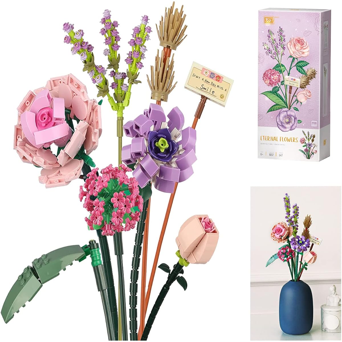 Mini Flower Bouquet Assembly Kit Set Artificial Flowers for Kids Adults Valentine's/Mom's Day Gift Pink Rose (Not Compatible with Lego Set)