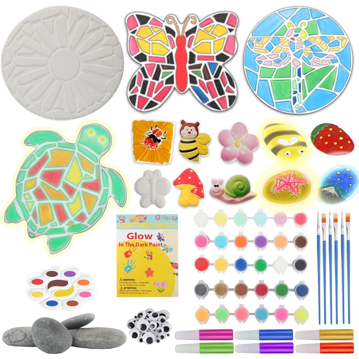 Qtioucp Painting Kit for Kids, 24 Vibrant Acrylic Paints & 12 Glow in the Dark, 4 5" Stepping Stones & 12 Creativity Stones Set - Give Kids the Art and Craft of Painting Their Own Stepping Stones