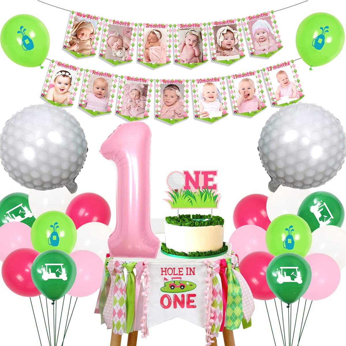 Hole in One Birthday Decorations for Girls Pink and Green Golf 1st Birthday Party Decorations - Highchair Banner, Cake Topper, Monthly Photo Banner, Foil Balloons, Outdoor Sports Theme Party Supplies