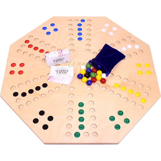 AmishToyBox.com Travel Marble Chase (Cards & Marbles) Wooden Board Game Set, Double-Sided 23" Width Board, Includes Carry Bag, Marbles, and Playing Cards