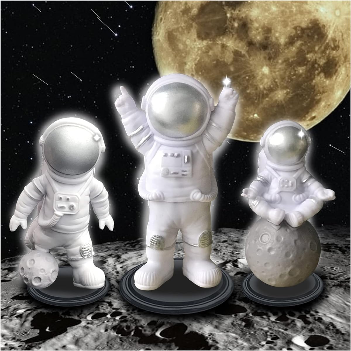 Astronaut Figurine Space Cake Topper Silver Astronaut Solid Resin Decoration Outer Space Birthday Cupcake Desktop Ornaments Astronaut Figure Toys Kids Party Gifts 3pcs and 1 Keychain