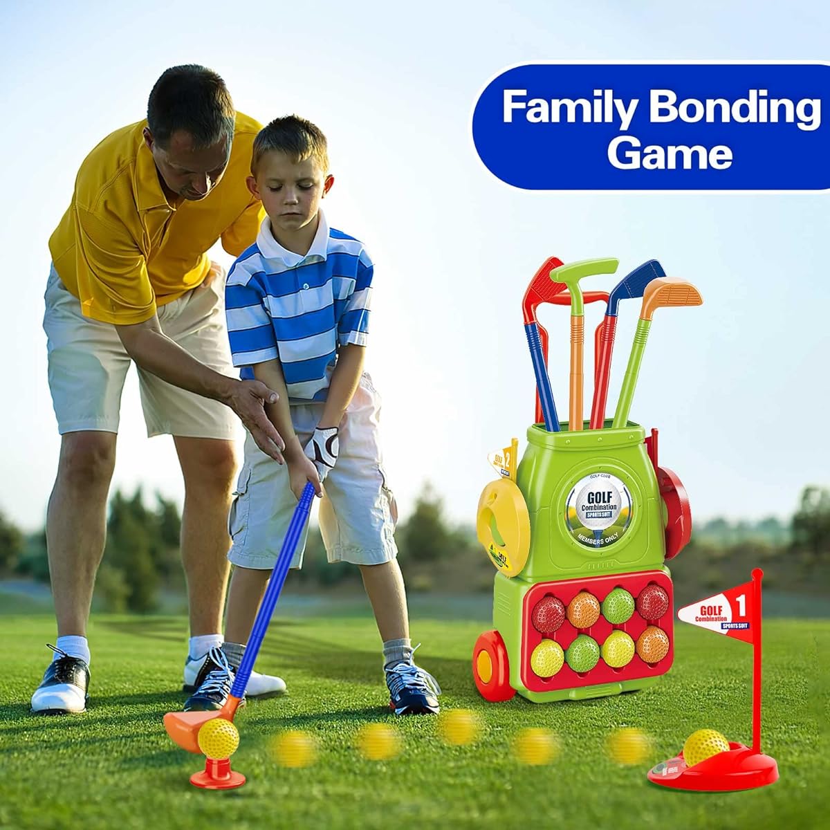 UNIH Toddler Golf Set, Kids Golf Set with 8 Balls/Cornhole Board & Putting Mat/Golf Cart with Wheels Indoor Outdoor Sports Toy Gift for 3 4 5 Year Old Boys Girls