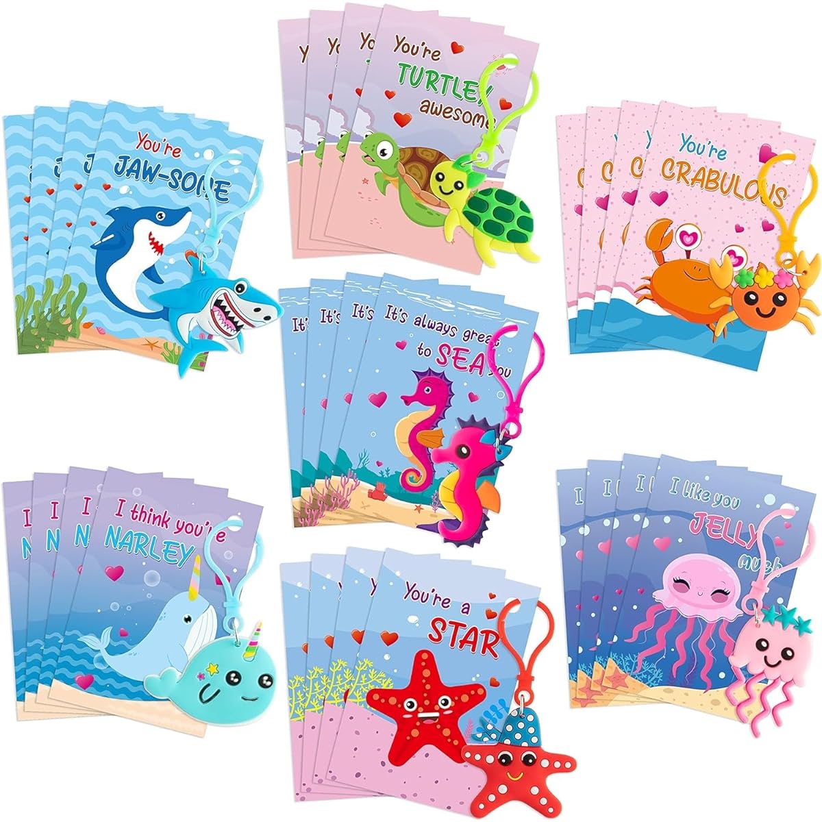 Haooryx 28 Packs Valentine's Day Gift Cards with Sea Animal Keychains, Cute Narwhal Turtle Squishy Keychain Keyrings for Kids Classroom School Prizes Valentine's Party Exchange Gift Card Supplies