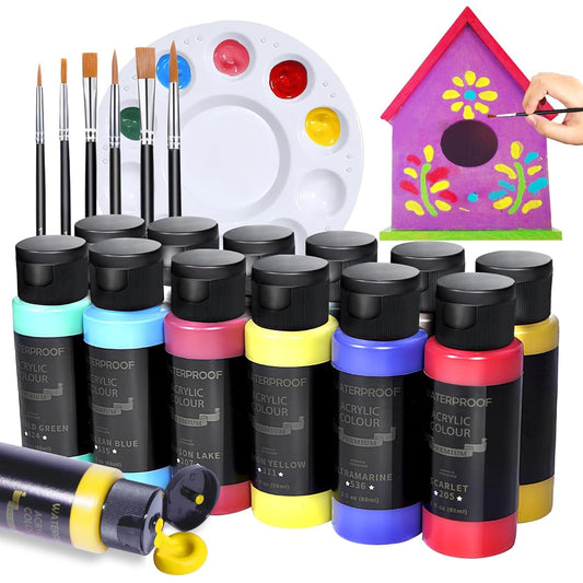 Colorful Acrylic Paint Set for Wooden Birdhouses, 12 Colors Permanent Kids Acrylic Paints with 6 Brushes, Non-Toxic Acrylic Paints, Fade-Resistant, Rich Pigments, Paint for Wood Crafts