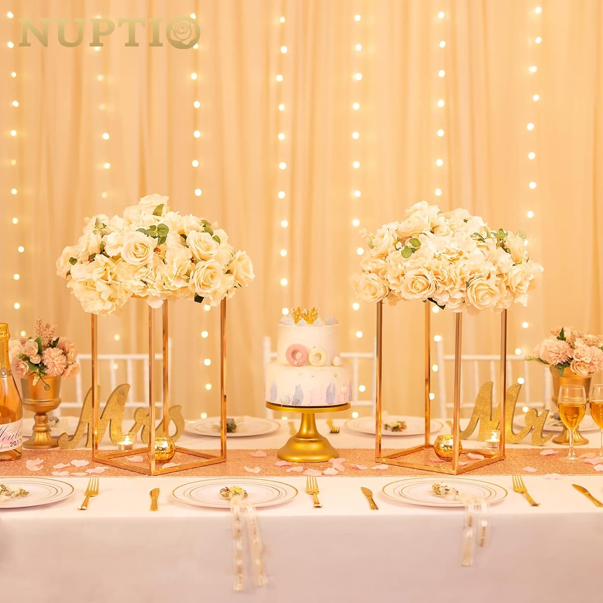 Nuptio Gold Vase Centerpieces for Weddings - 2pcs 15.7" Tall Gold Vase Wedding Centerpieces - Geometric Gold Centerpieces Table Flower Stand Table Centerpieces for Weddings