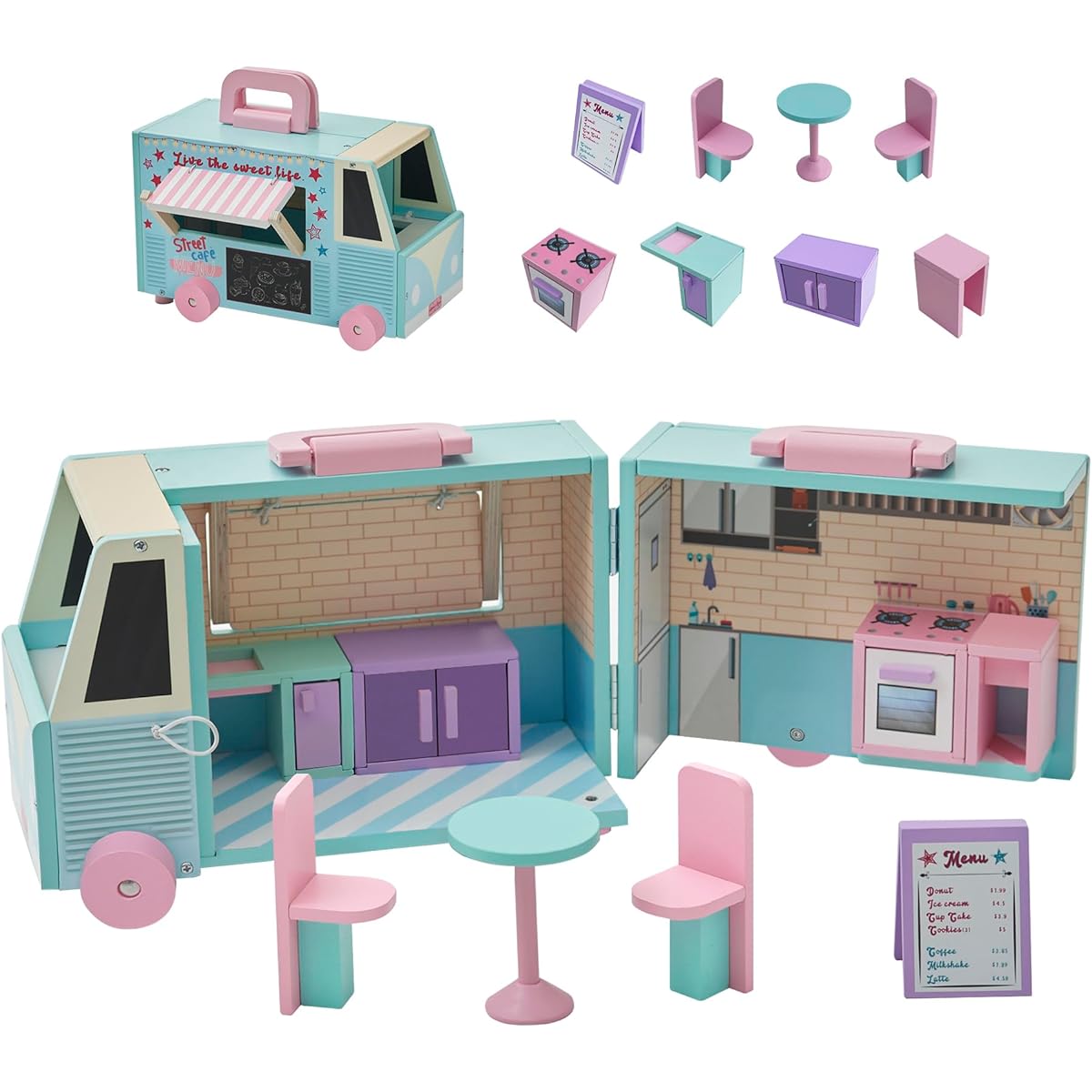 Olivia's Little World - Foldable Wooden Dollhouse Cafe Portable Food Truck Dollhouse Playset Pretend Play with 8 Accessories 2-Way Play Pretend Play Portable Toy Gift Set Blue/Pink Ages 3+