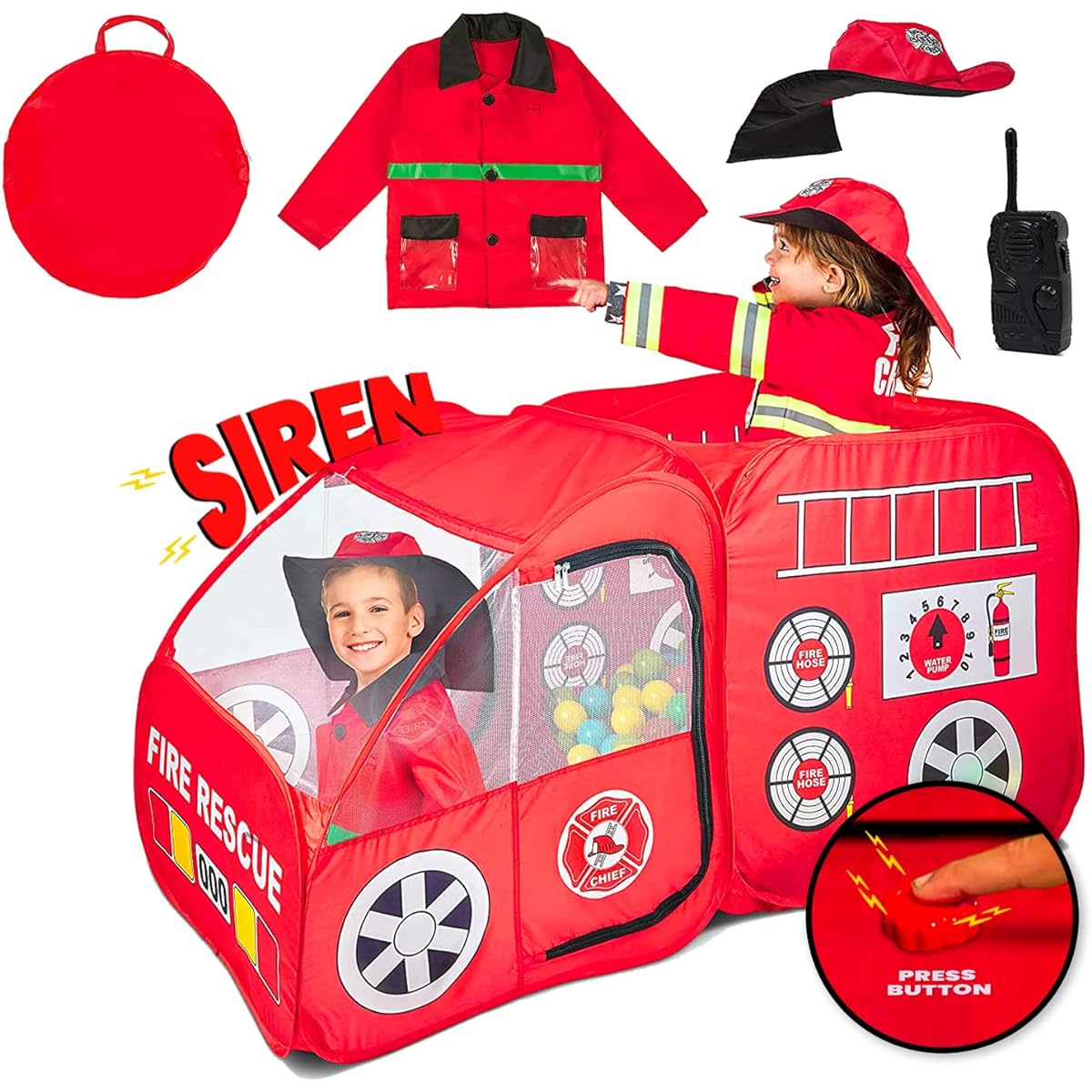 Fire Truck Pop Up Tent with Firefighter Costume Jacket & Hat Red Fire Engine Playhouse for Kids Toddlers Boys Indoor Outdoor Foldable Quick Setup Pretend Play Toy Gift