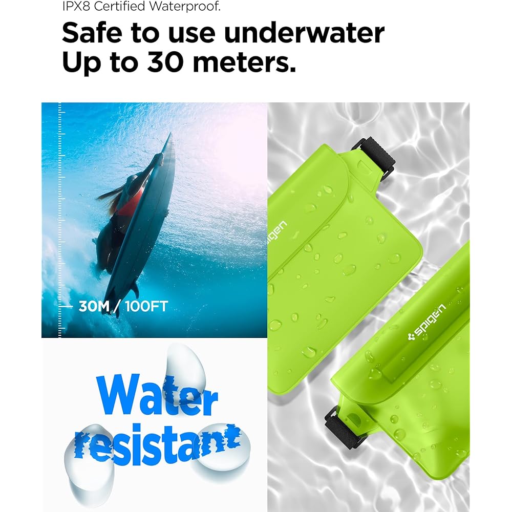 Spigen Waterproof Case, Accessories, Waterproof Pouch, Set of 2, Completely Waterproof, IPX8 Certified, Waterproof Case, Sea, Pool, Outdoor, Smartphone, Triple Chuck, Velcro, PVC, Large Capacity, Waist Pouch, Waterproof Bag, AMP06023 (Cactus Green)