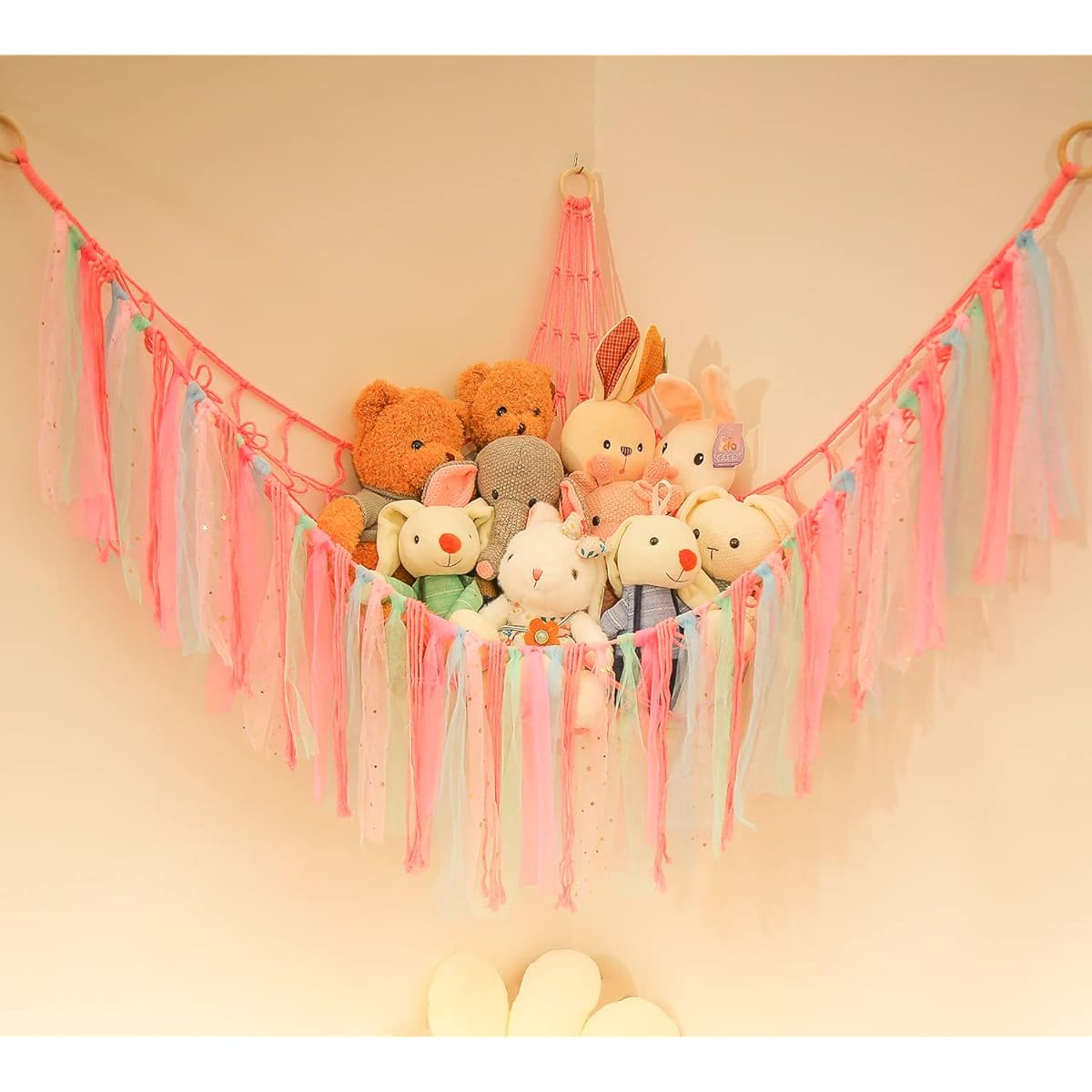 Plush Net or Hammock, Toy Stuffed Animal Organizer and Storage Pet Net Stuffed Animal Corner Hammock with LED Light (Pink)