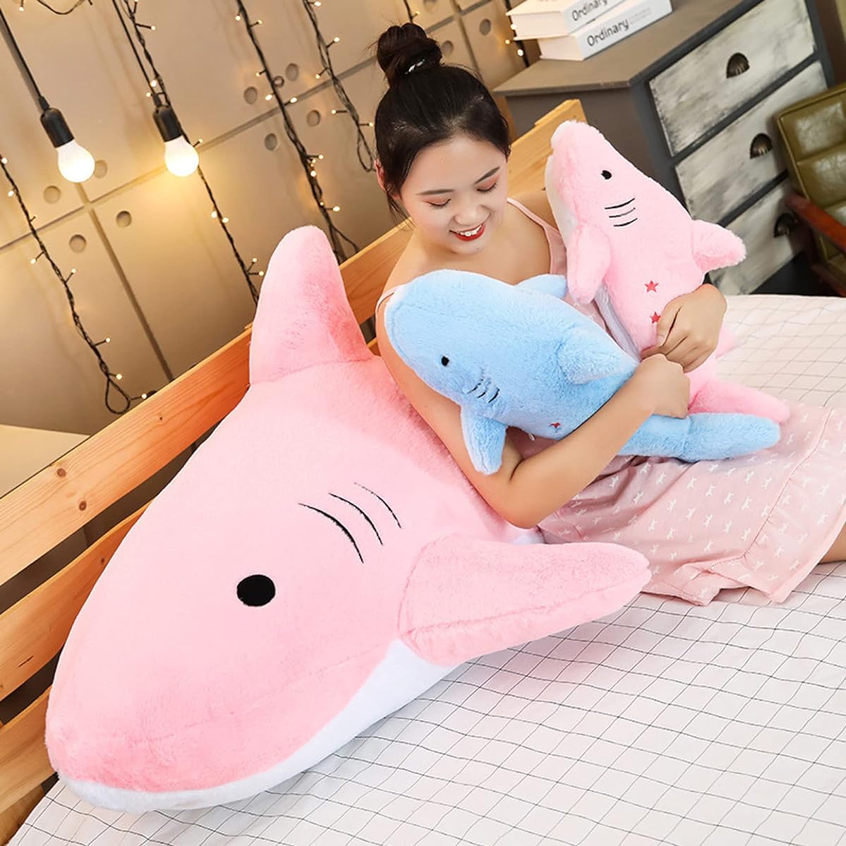 [XLOYP] Shark Plush Toy Pink 2 Extra Large 150cm Super Soft Cushion Sleeping Position Side Sleeping Co-sleeping Body Pillow Hugging Pillow Large Plush Cute Sleeping Face Animal Christmas Birthday Gift Girl Shop Decoration Interior Toy Shark Cushion Shark