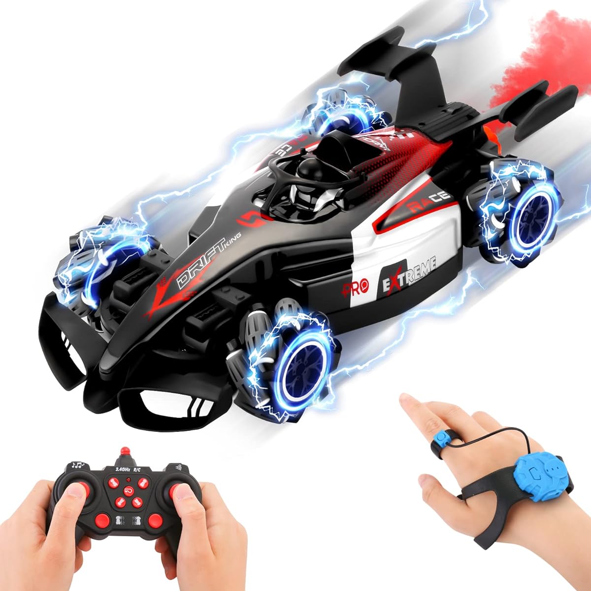 T.V.V.Fasy High Speed F1 RC Drift Car for Kids 4-8 Years Old 4WD 2.4Ghz 360 Degree Rotation Rechargeable Drift Radio Control Car for Boys Light & Music Gesture Sensing RC Stunt Car for Boys 8-12 Years Old