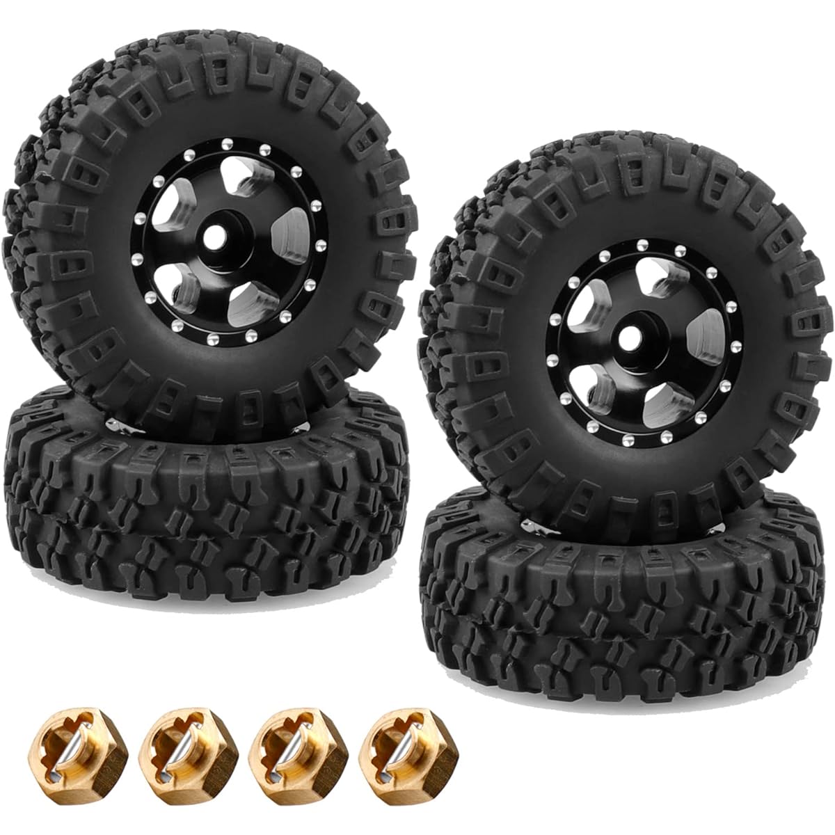 ACEKEEPS 1.0 Beadlock Wheels and Tires Upgrade All Terrain Tires 7mm Wheels with Hex Hub for 1/24 Axial SCX24 Gladiator Bronco Deadbolt RC Crawler Set of 4