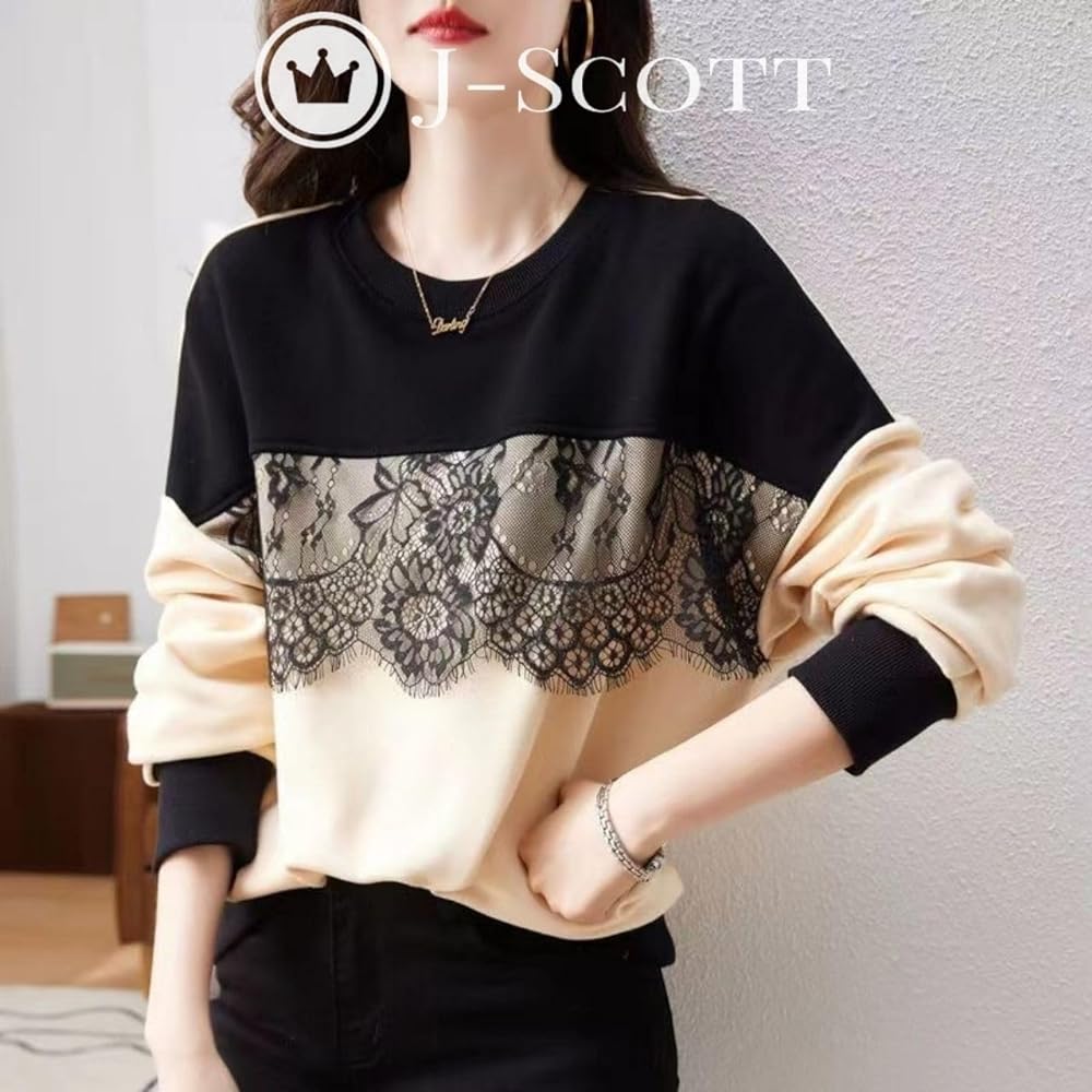 [J-Scott] Lace line tops, loose, bicolor, pullover, 10/4 sleeves, unlined, crisp, casual, women's JS101