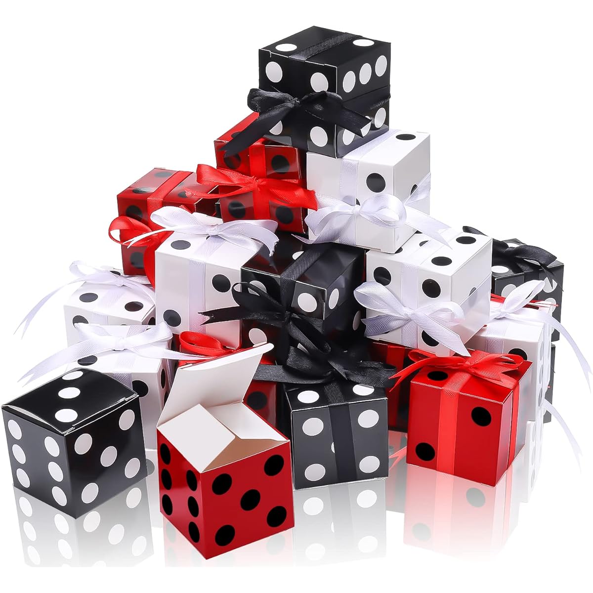 Ctosree 50 Pieces Dice Prize Box 2 x 2 x 2 Inch Casino Theme Party Decorations Game Night Decorations Red Black White Dice Gable Box with Ribbon Game Night Decorations Birthday Supplies