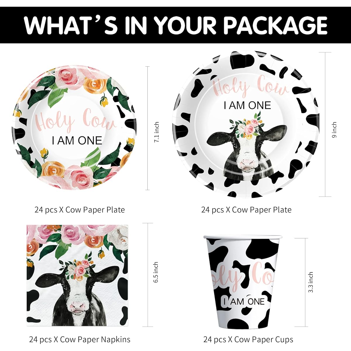 APOWBLS Cow Pattern First Birthday Party Supplies Tableware Girls for 24 People