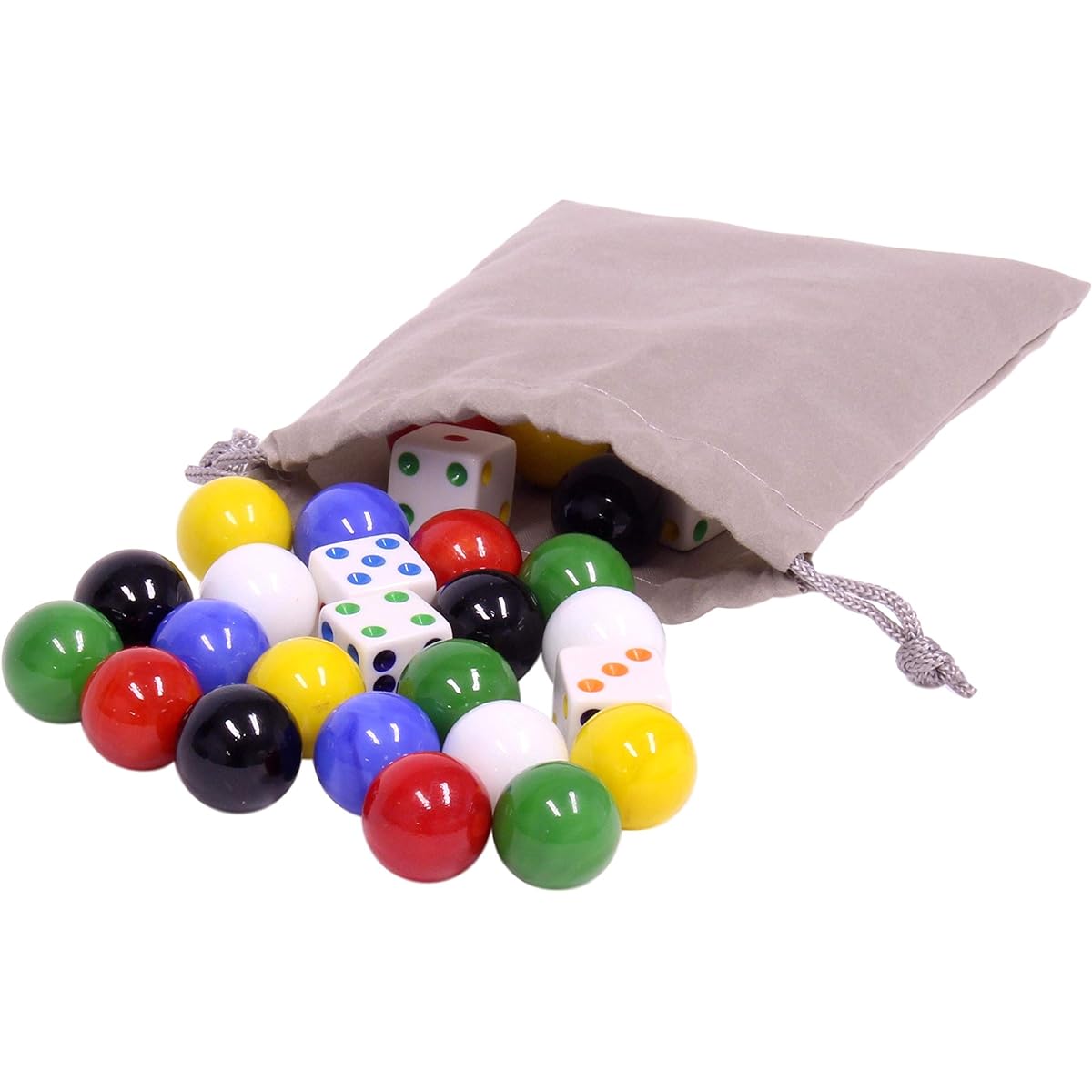 Game Bag of 24 Glass Marbles (17-18mm) and 6 Dice for Aggravation Game