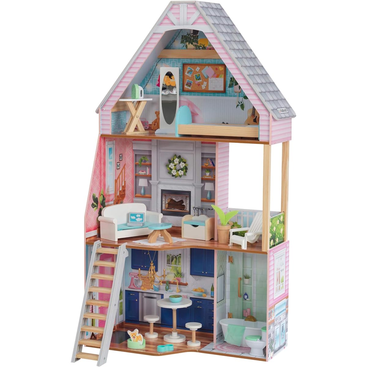 KidKraft Matilda Wooden Dollhouse with EZ Craft Assembly, Balcony, Movable Stairs, 23 Accessories, Ages 3+, Pink