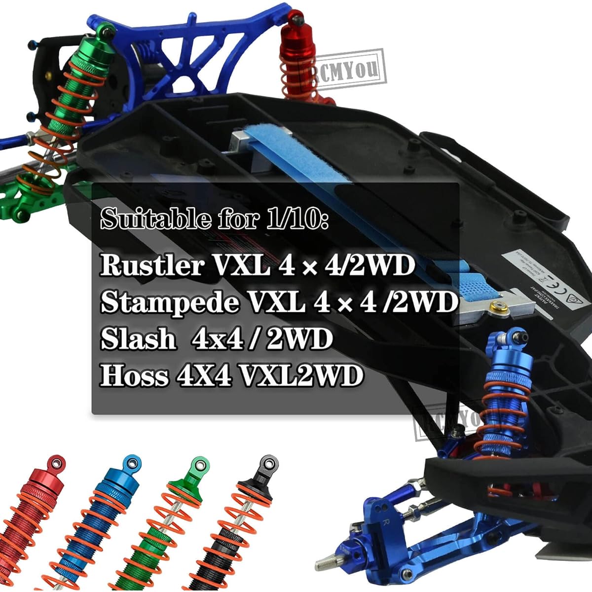 RCMYou Aluminum Big Bore RC Shock Absorber Upgrade Parts for 1/10 Slash 2WD 4x4 Stampede 2WD 4X4 Rustler 2WD 4X4 Hoss 2WD 4X4 Alloy 4pcs Front Rear RC Shock Navy Blue