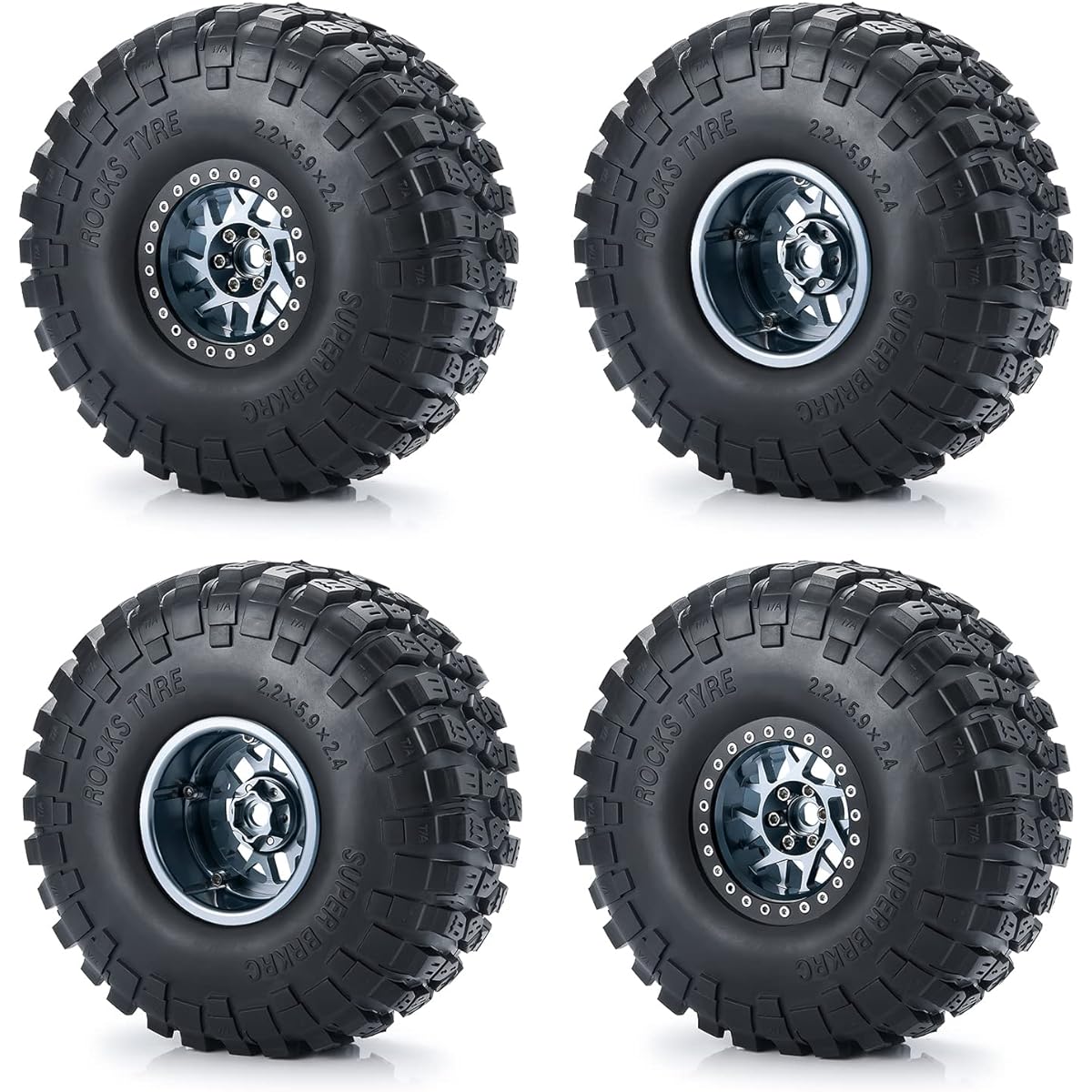Que-T Wheel Tire Set, Set of 4 2.2" Wheel Rim Hub 150mm Rubber Tires for Axial RBX10 AXI03005 RR10 1/10 RC Crawler Car (Titanium Black)