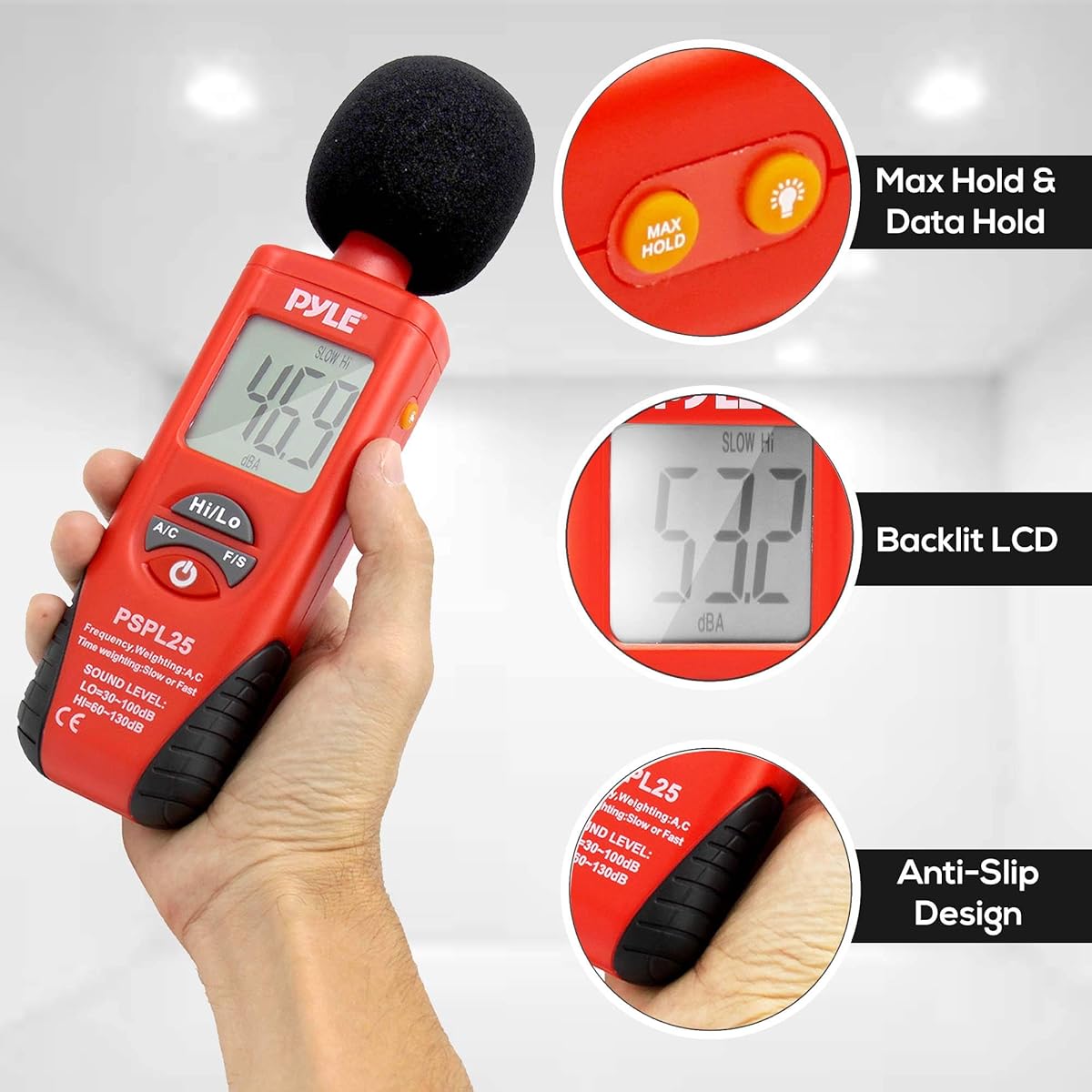 Pyle pocket digital sound level meter / decibel meter with LCD display for type A and C frequency weighting. Ideal for musicians and audio professionals, DJs etc.