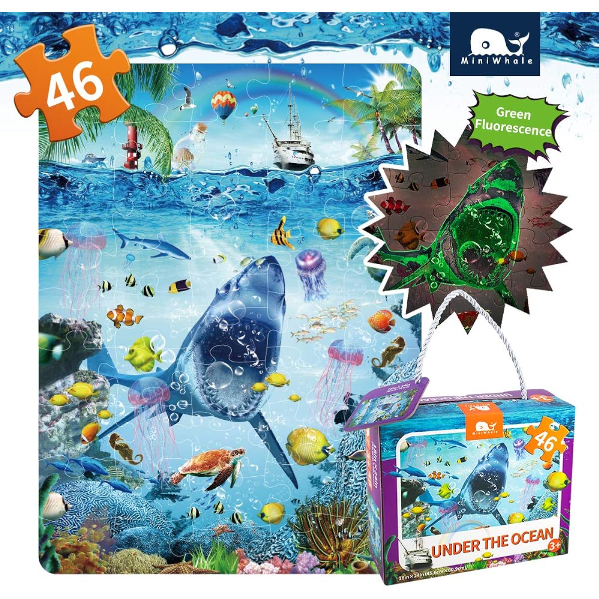 MINIWHALE Kids Puzzles for Kids Ages 4-8 Ocean Floor Puzzle/Underwater Shark Design Puzzle/Improve Children's Cognition, Promote Hand-Eye Coordination (46 Glow in the Dark Pieces, 24x18 Inch)