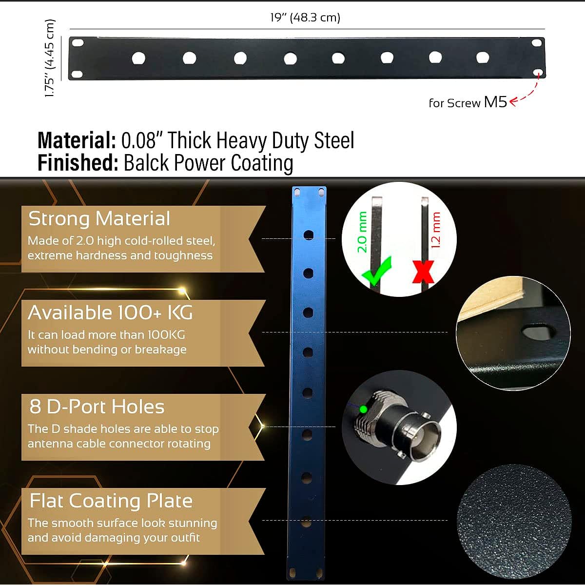 19" Wireless Microphone Antenna Relocation Distribution Front Panel for Multi-Antenna Installation and Setup on 1U EMI Cordless System 8 Bulkhead Adapter for BNC Antennas - RF Coax Cable Connection