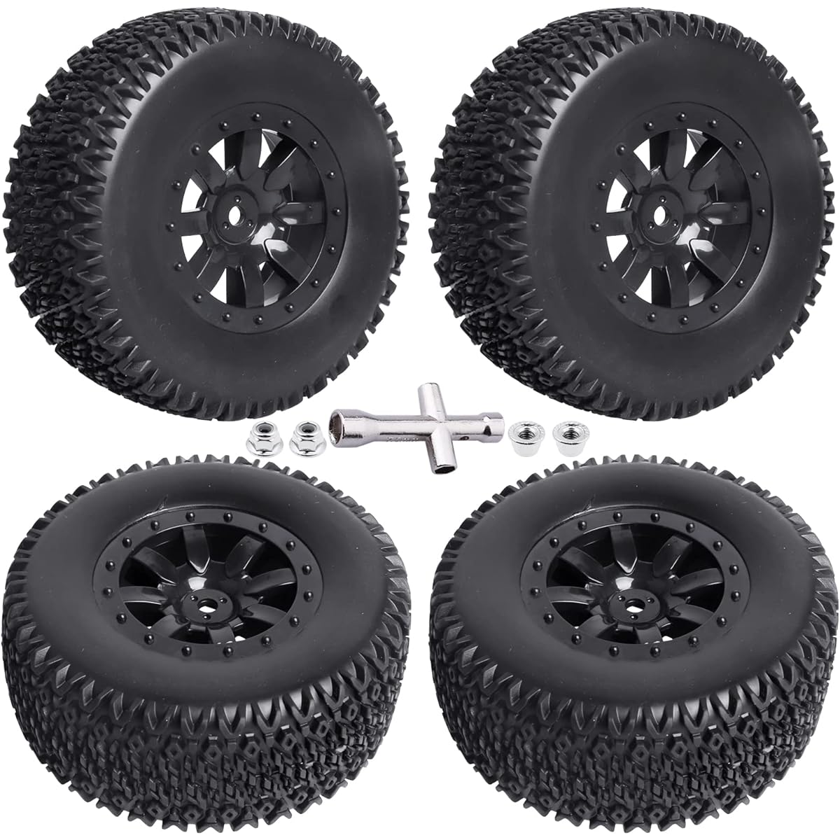 RC Short Course Truck Tires and Wheels Set with Foam Inserts 12mm Hex Traxxas Slash 4x4 2WD VXL VKAR 10SC Losi SCT Redcat Blackout SC HPI Pregreed (Type 2)