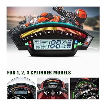 LED Indicator Odometer Fits 1 2 4 Cylinder Engine 199km/h Speedometer LCD Digital Dashboard Odometer 6 Gear Motorcycle 15000RPM Rev Counter (Color : Gauge and Sensor)