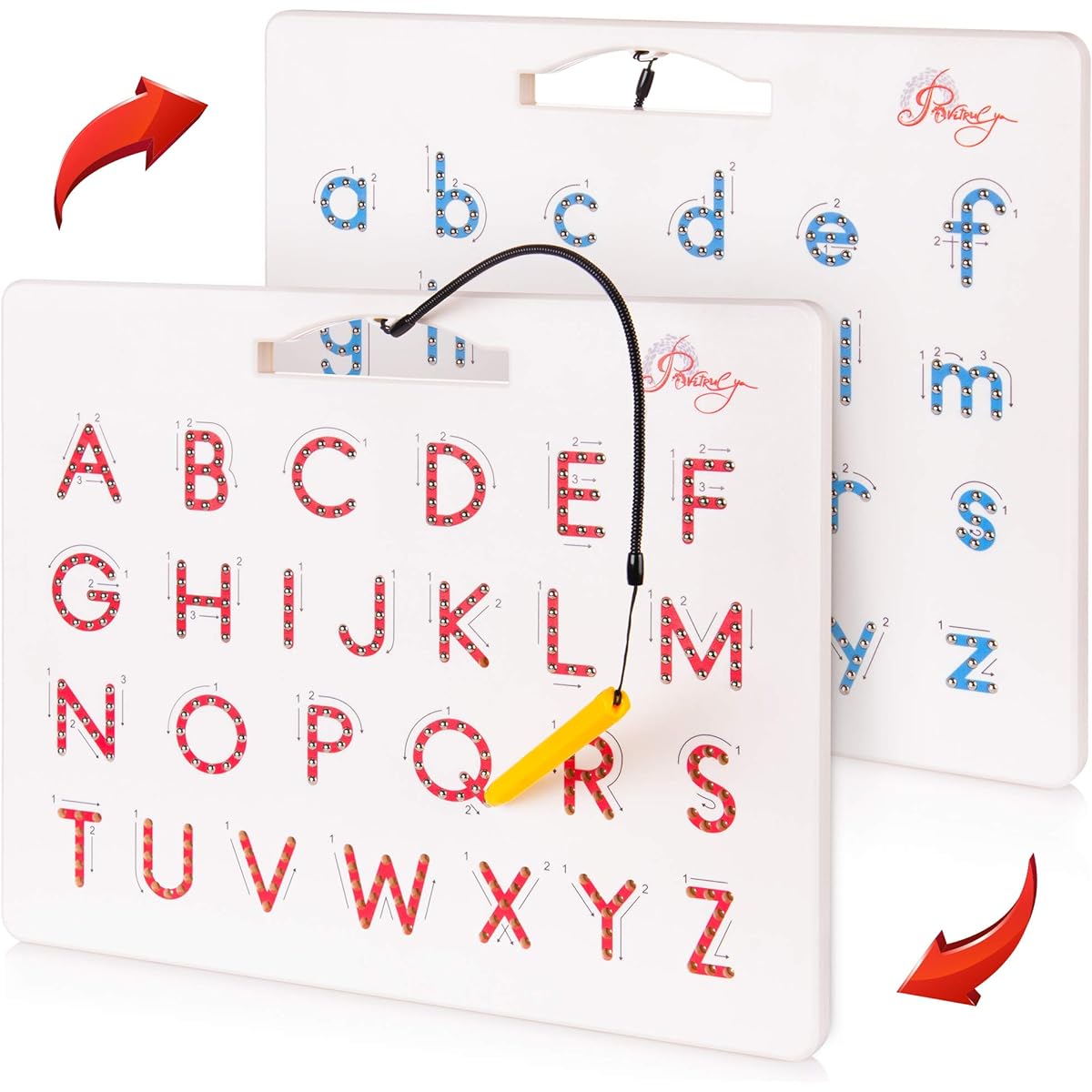 Povitrulya Magnetic Alphabet Tracing Board - Double-Sided Uppercase and Lowercase Magnetic Drawing Board ABC Magnets Learn to Write with Magnetic Pens STEM Letter Learning Toys Great for Homeschooling